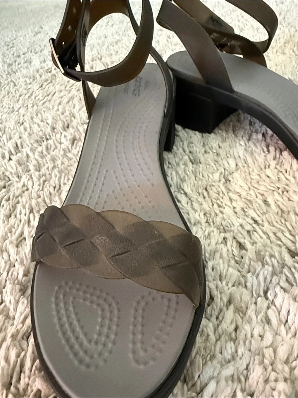 CROCS Brown and Beige Leather Block Heel Sandals
